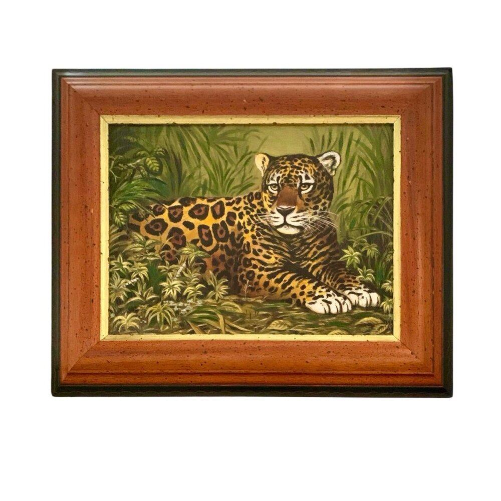 Leopard Painting Jaguar Portrait Original Oil on Canvas Signed Vintage Decor